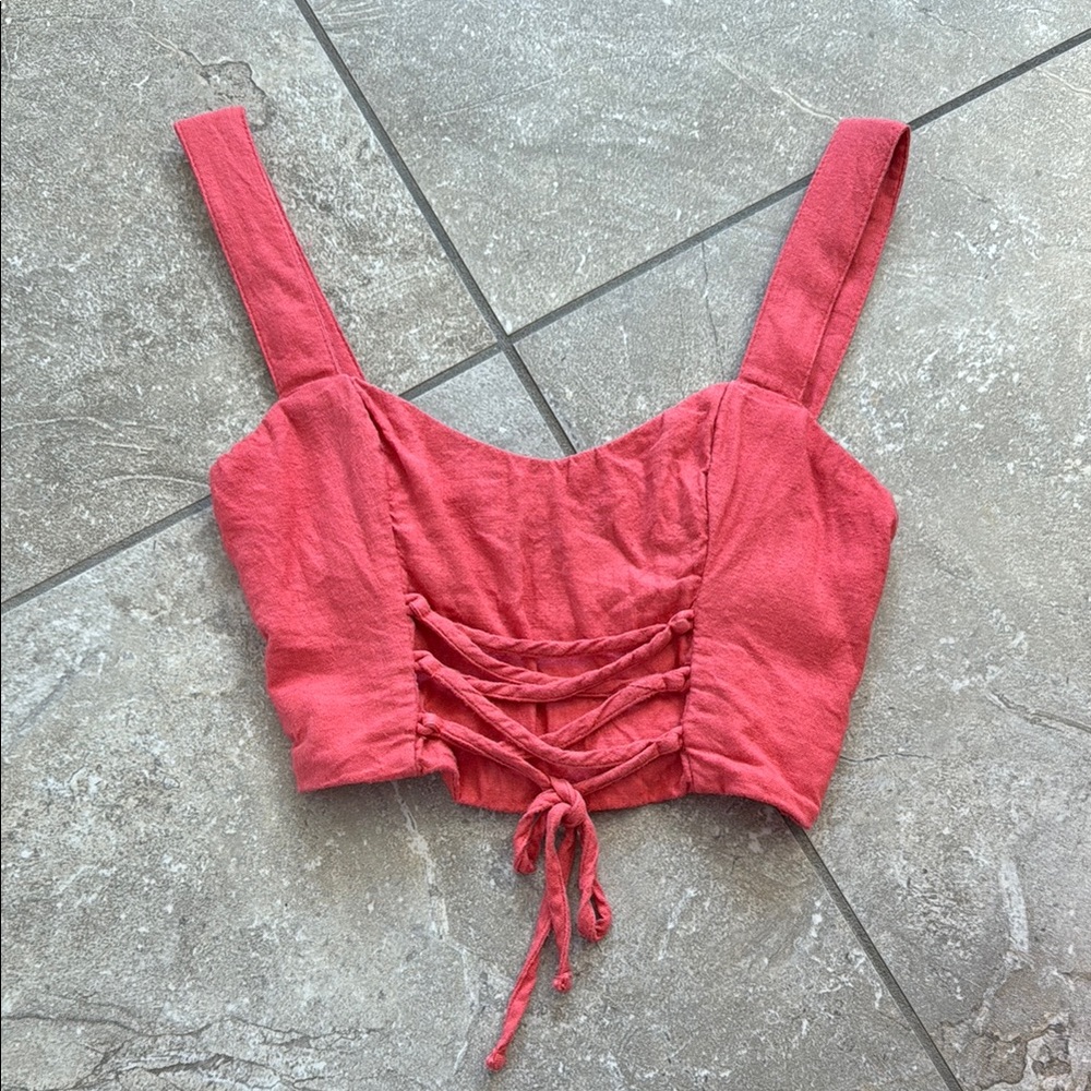 Abercombie & Fitch Pink Lace-Up Linen Crop Top